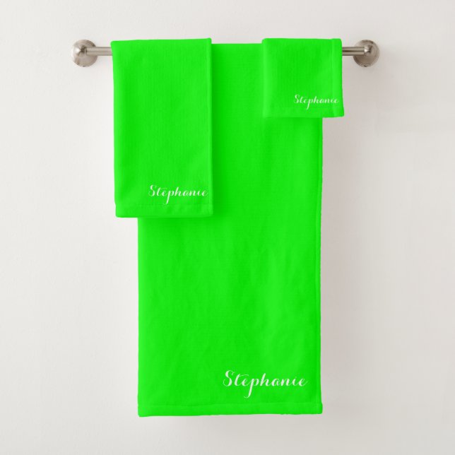 Neon Green Name Modern Elegant Monogram Boho Bath Towel Set (Insitu)