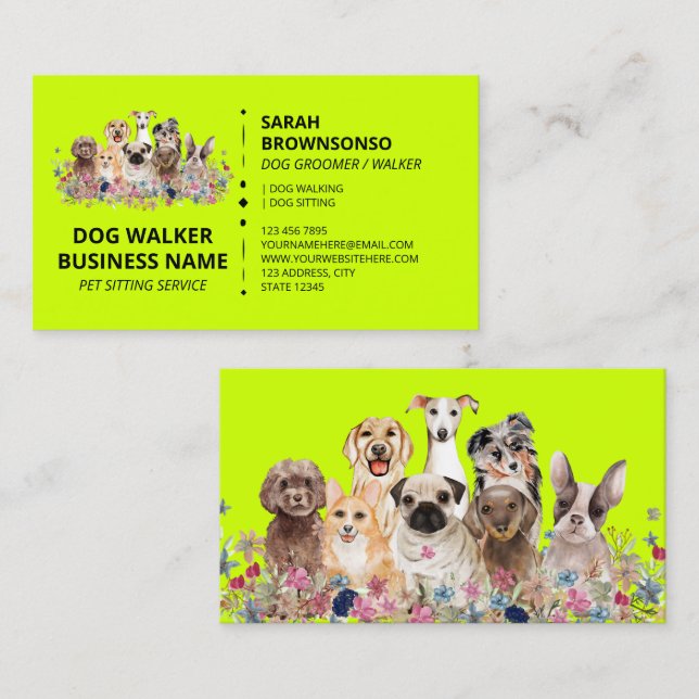 Neon Green Online Dog Walking Service Boutique Pet Business Card (Front/Back)