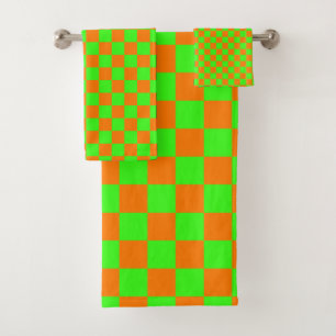 Neon Green Orange Chequered Chequerboard Vintage Bath Towel Set