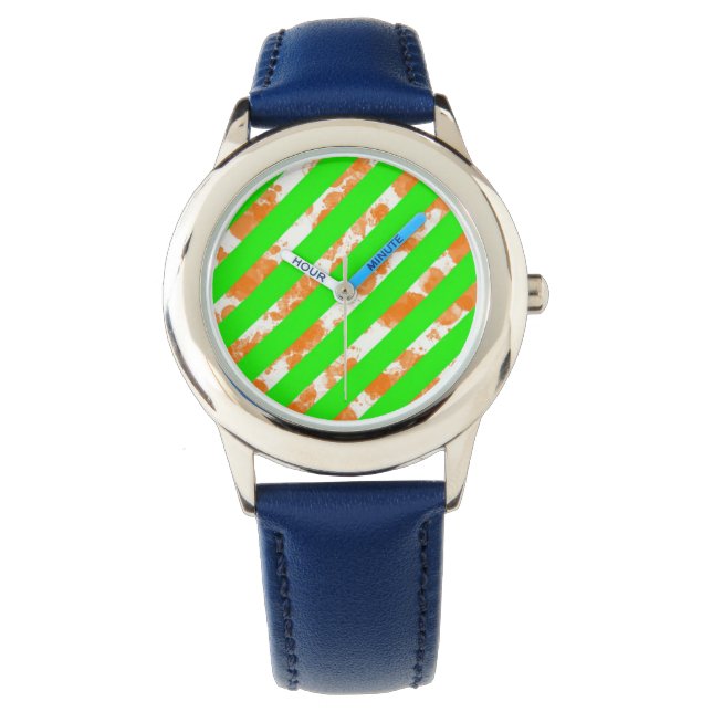 Neon Green Orange Stripe Blue Bezel Watch (Front)