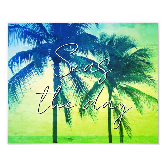 Neon green palm tree silhouette ocean view photo print (Front)