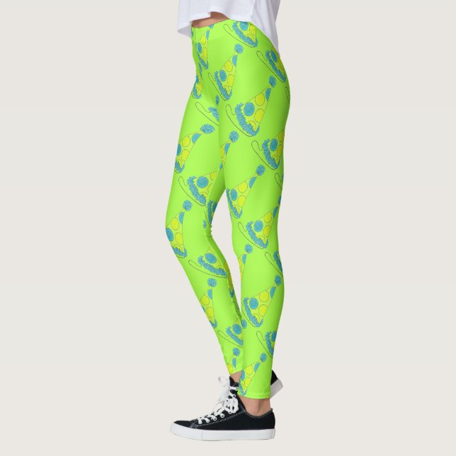 Neon Green Party Hat Birthday New Year Celebration Leggings (Left)