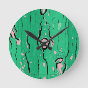 Neon Green Pop Art Wood Grain Abstract Bark Round Clock
