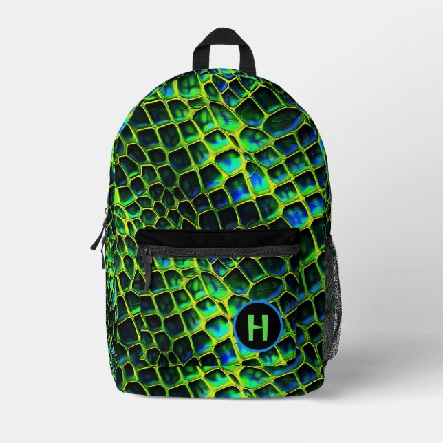 Neon Green Reptile Snake Monogram Printed Backpack (Front)