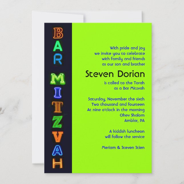 NEON GREEN SIGNS Bar Bat Mitzvah Invitation (Front)
