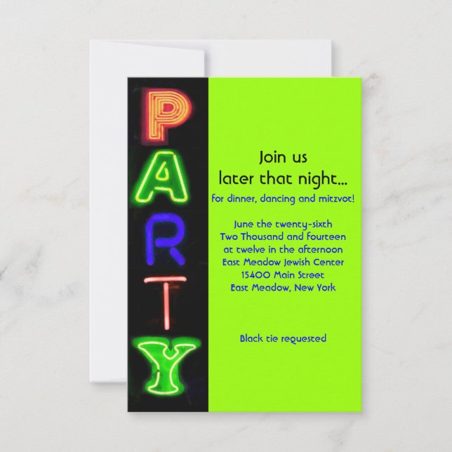 NEON GREEN SIGNS Bar Bat Mitzvah Party Card (Front)