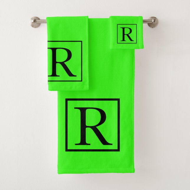 Neon Green Solid Bright Monogram Initial Colourful Bath Towel Set (Insitu)