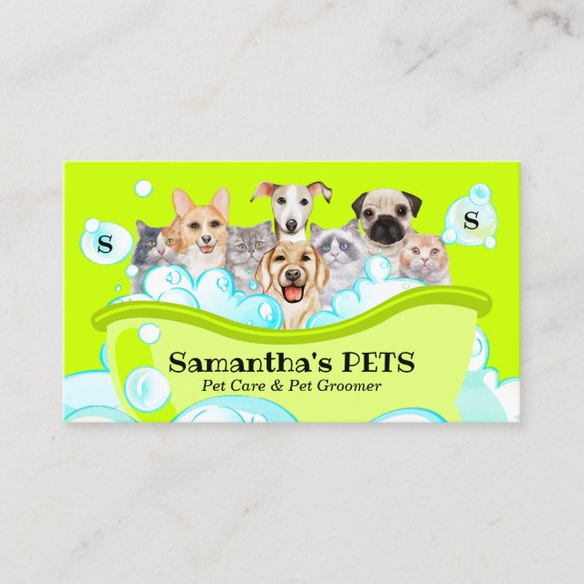 Neon Green Spa Sitter Groom PetCare Bathing Business Card (Front)