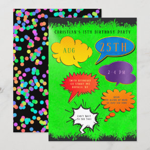 Neon Green Speech Bubble Boy Girl Birthday Party  Invitation