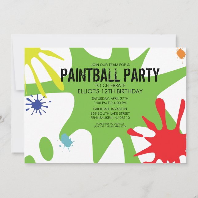 Neon Green Split Splat Custom Paintball Party Invitation (Front)