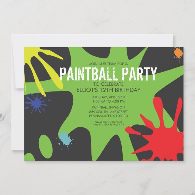 Neon Green Split Splat Custom Paintball Party Invitation (Front)