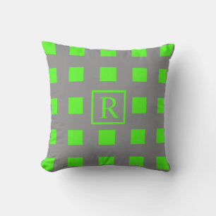 Neon Green Squares Patterns Monograms Grey Cute Cushion