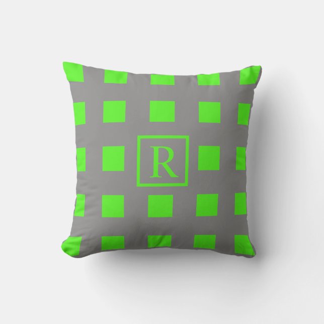 Neon Green Squares Patterns Monograms Grey Cute Cushion (Front)