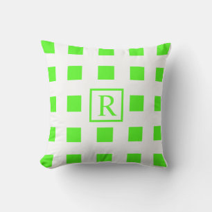 Neon Green Squares Patterns Monograms White Cute Cushion