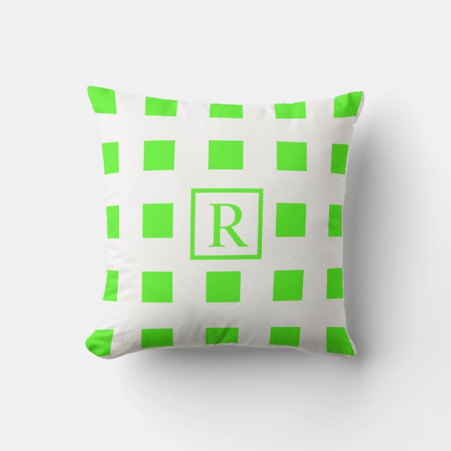 Neon Green Squares Patterns Monograms White Cute Cushion (Front)