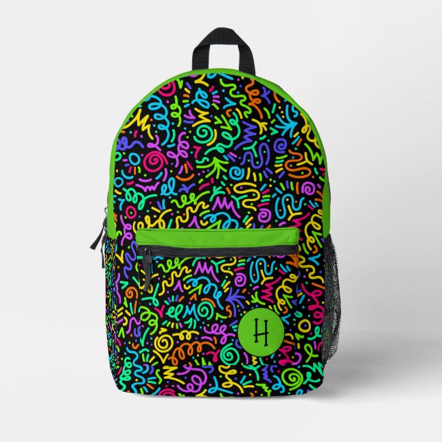 Neon Green Squiggle Monogram  Printed Backpack (Front)