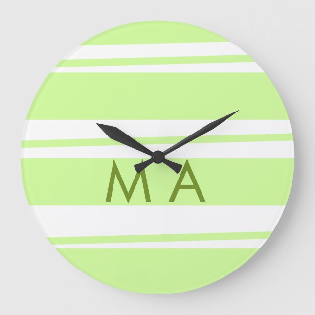 Neon green  stripes Greek pattern letter monogram  Large Clock (Front)