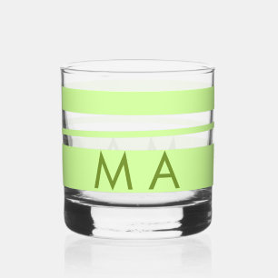 Neon green stripes Greek pattern letter monogram Whiskey Glass