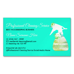 Neon Green Teal Maid Spray Flower Cleaning Magnetic Business Card