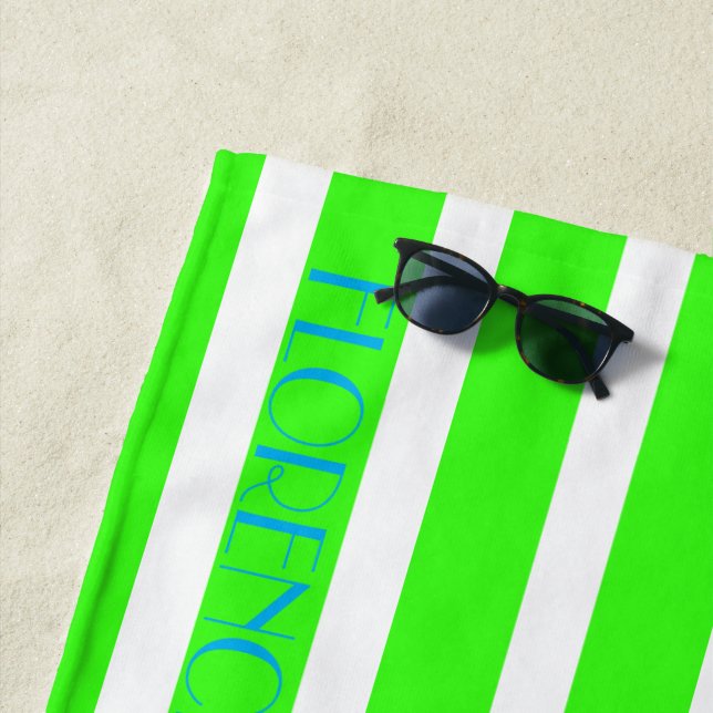 neon green white  cabana stripes  - personalised beach towel (In Situ)