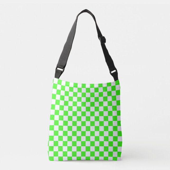 Neon Green White Chequered Chequerboard Vintage Crossbody Bag (Front)