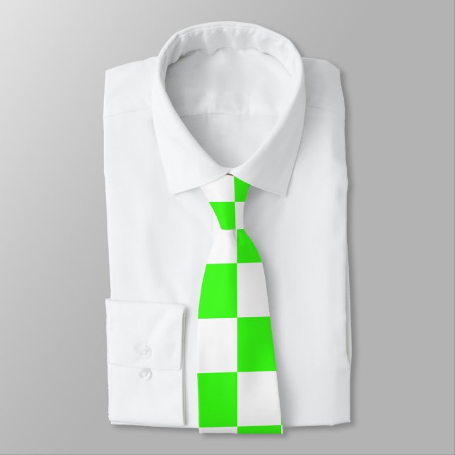 Neon Green White Chequered Chequerboard Vintage Tie (Tied)