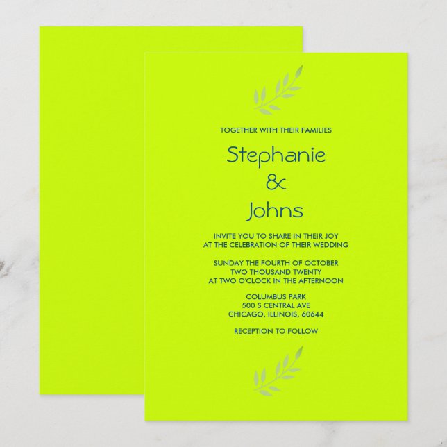 Neon Green Yellow Colourful Bright Leaves Wedding Invitation (Front/Back)