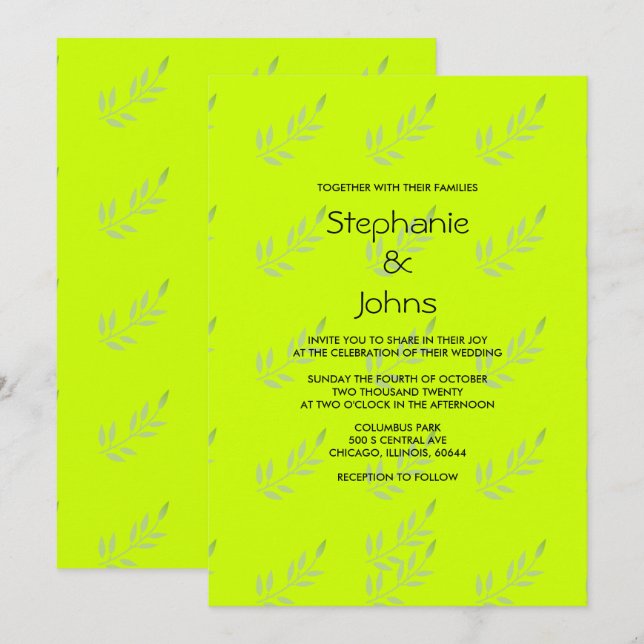 Neon Green Yellow Colourful Leaves Art Boho Weddin Invitation (Front/Back)