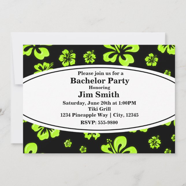 Neon Green Yellow Hibiscus Floral Black Invitation (Front)
