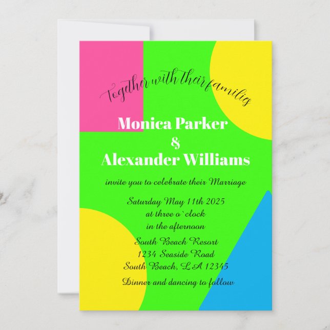 Neon Green Yellow Pink Blue Modern Retro Wedding Invitation (Front)