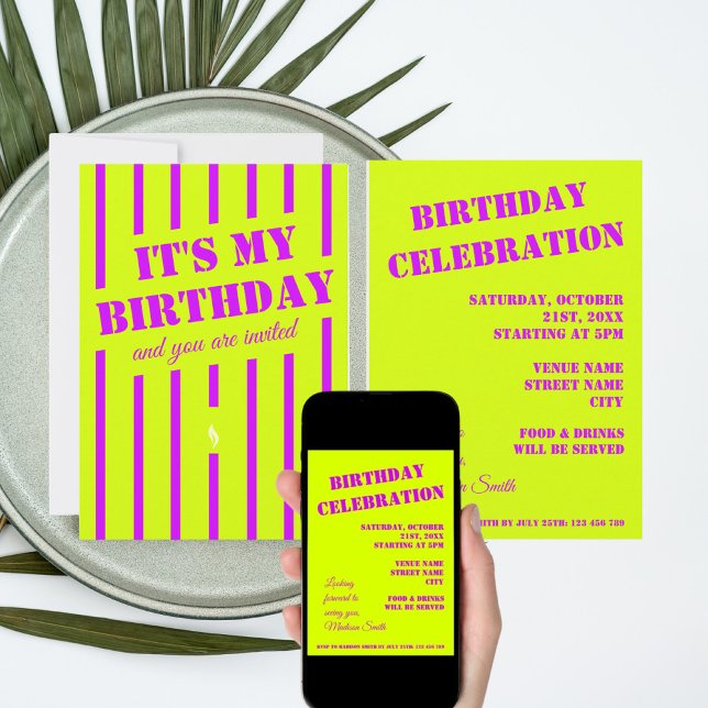 Neon green yellow purple birthday party Invitation (Creator Uploaded)