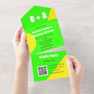 Neon Green Yellow Retro Modern Bold Elegant All In One Invitation