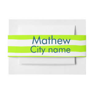 Neon green yellow retro stripes add name cityplace invitation belly band