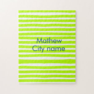 Neon green yellow retro stripes add name cityplace jigsaw puzzle