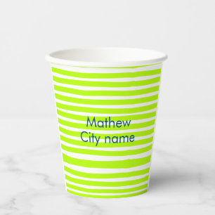Neon green yellow retro stripes add name cityplace paper cups