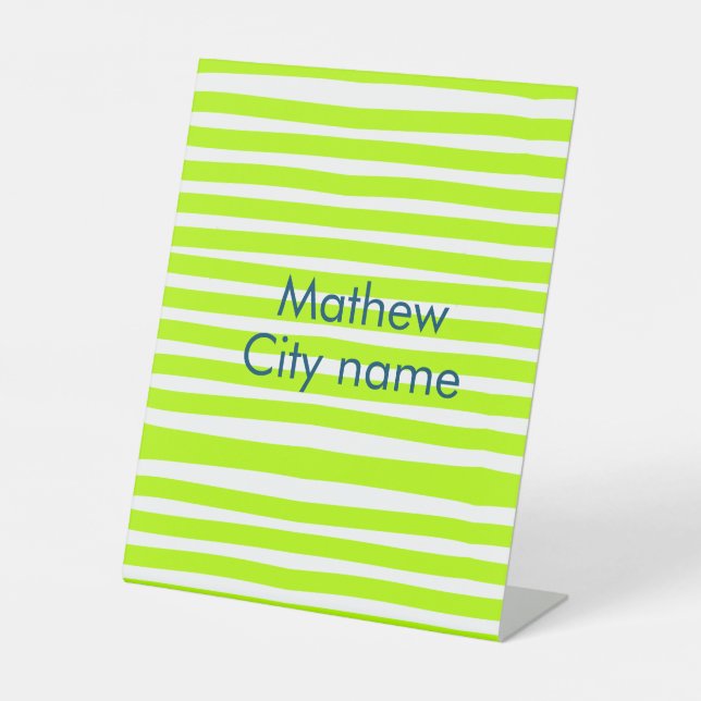 Neon green yellow retro stripes add name cityplace pedestal sign (Front)