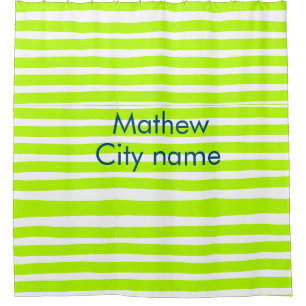 Neon green yellow retro stripes add name cityplace shower curtain