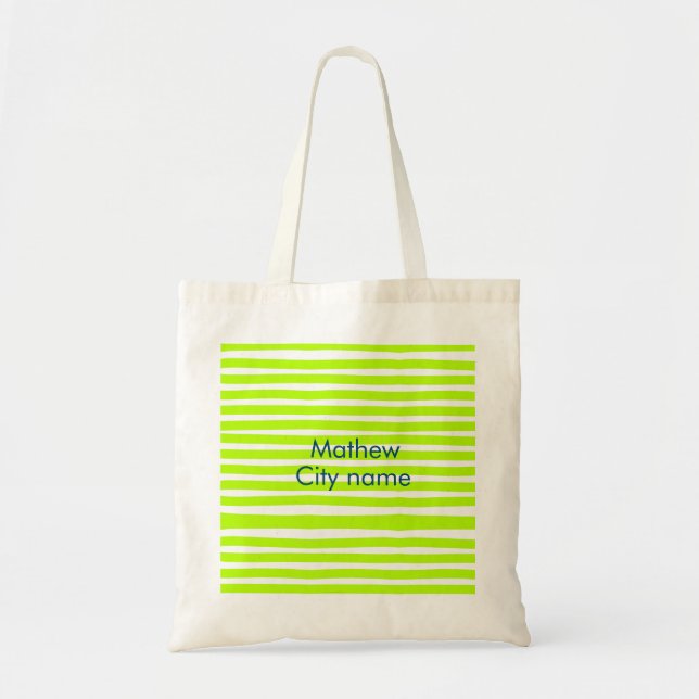Neon green yellow retro stripes add name cityplace tote bag (Front)