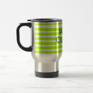 Neon green yellow retro stripes add name cityplace travel mug