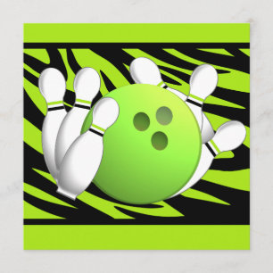 Neon Green Zebra Stripe Bowling Party Invitation