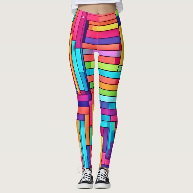 Neon Grid - Colourful Abstract Mosaic Leggings (Front)