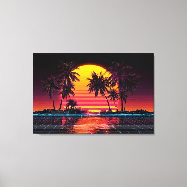 Neon Grid Palm Sunset Canvas Print (Front)