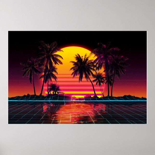 Neon Grid Palm Sunset Poster (Front)