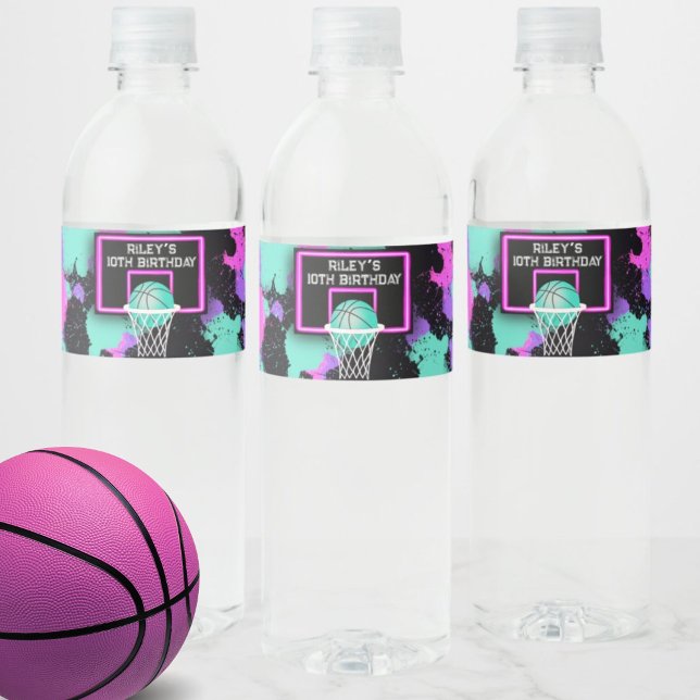 Neon Grunge Paint Splatter Basketball Birthday Water Bottle Label (Creator Uploaded)
