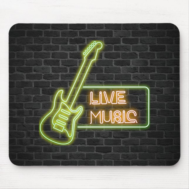 Neon guitar sign on brick mouse mat (Front)