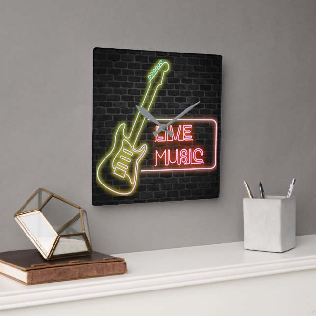 Neon guitar sign on brick square wall clock (Office)