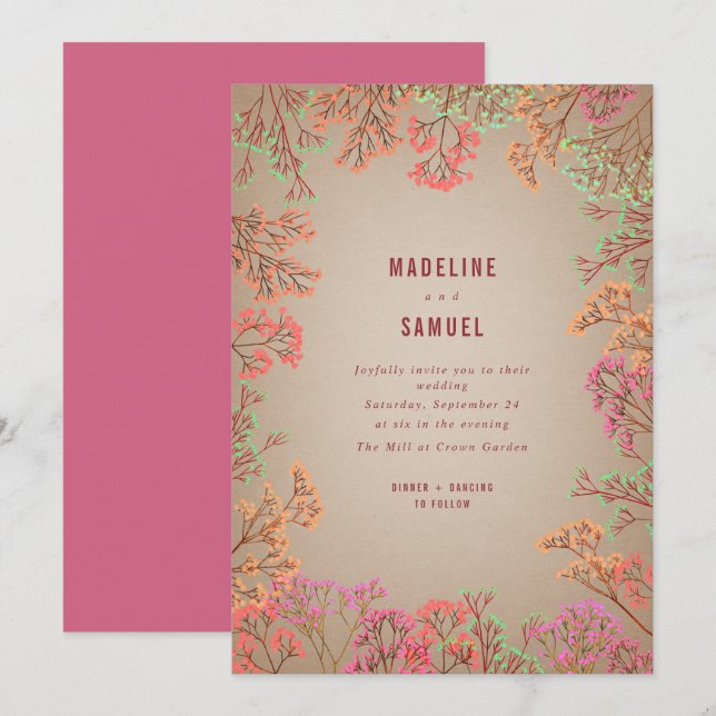 Neon Gypsophila Botanical Hot Pink Wedding Invitat Invitation (Front/Back)