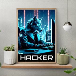 Neon Hacker Wolf Cyberpunk Style Poster
