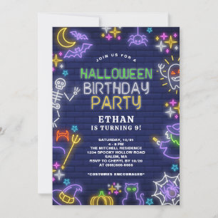 Neon Halloween 9th Birthday Party Invitation