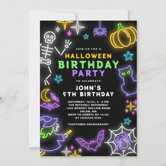 Neon Halloween Boys 5th Birthday Costume Party Invitation (Front)